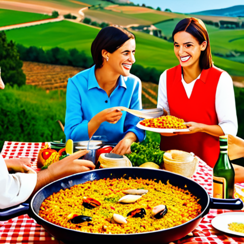 Shareable Content**
"A vibrant and fun illustration of friends sharing a delicious-looking paella at a picnic, fully clothed, appropriate attire, safe for work, perfect anatomy, correct proportions, well-formed hands, natural body proportions, family-friendly, Spanish countryside background, bright and cheerful colors."
**