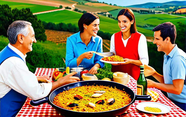 Shareable Content**

"A vibrant and fun illustration of friends sharing a delicious-looking paella at a picnic, fully clothed, appropriate attire, safe for work, perfect anatomy, correct proportions, well-formed hands, natural body proportions, family-friendly, Spanish countryside background, bright and cheerful colors."

**