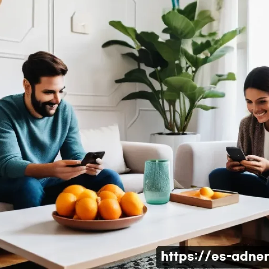 다크 소셜에서의 브랜드 실험 방법 - A cozy and modern living room scene in a Spanish household, with a diverse group of friends sharing ...