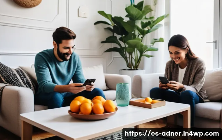 다크 소셜에서의 브랜드 실험 방법 - A cozy and modern living room scene in a Spanish household, with a diverse group of friends sharing ...